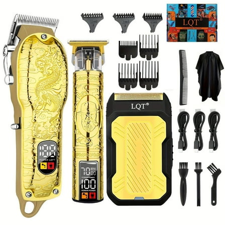 LQT Professional Hair Clipper Set for Men Electric Shaver Razor Cordless Hair Cutting Barber Clippers Beard Trimmer Men’s Grooming Kit Gifts for him (Gold)