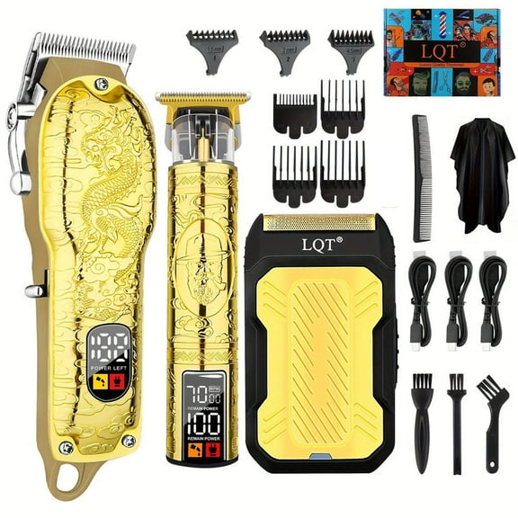LQT Professional Hair Clipper Set for Men Electric Shaver Razor Cordless Hair Cutting Barber Clippers Beard Trimmer Men’s Grooming Kit Gifts for him (Gold)