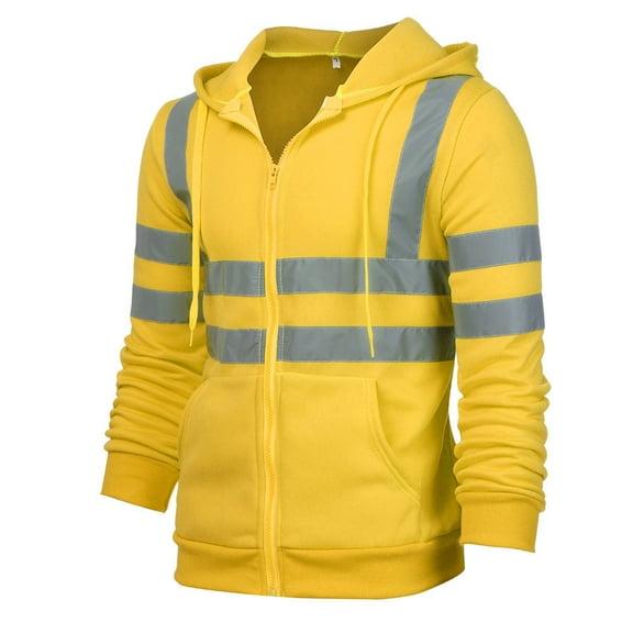Men's High Visibility Safety Hoodied Sweatshirt Pullover Hi Vis Fleece jacket with Reflective Tripes Workwear (Golden,XXL)