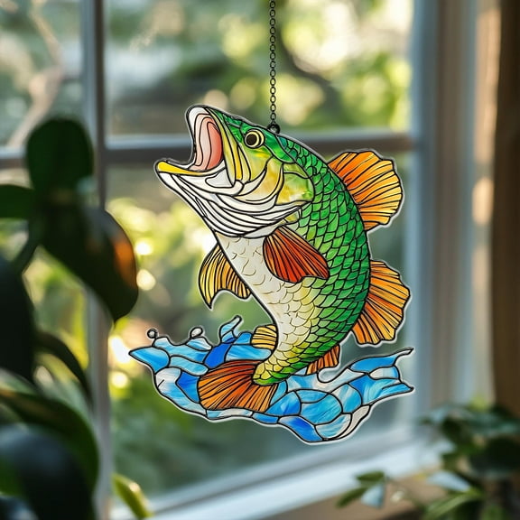 Bass Fish Acrylic Suncatcher, Faux Stained Glass Fishing Gift for Man, Retirement Dad Gift, Man Cave Home Decor, Fishing Memorial