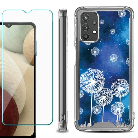 Shockproof Bumper Phone Case for Samsung Galaxy A32 5G, with Tempered Glass Screen Protector, by OneToughShield ® - Dandelion Stars