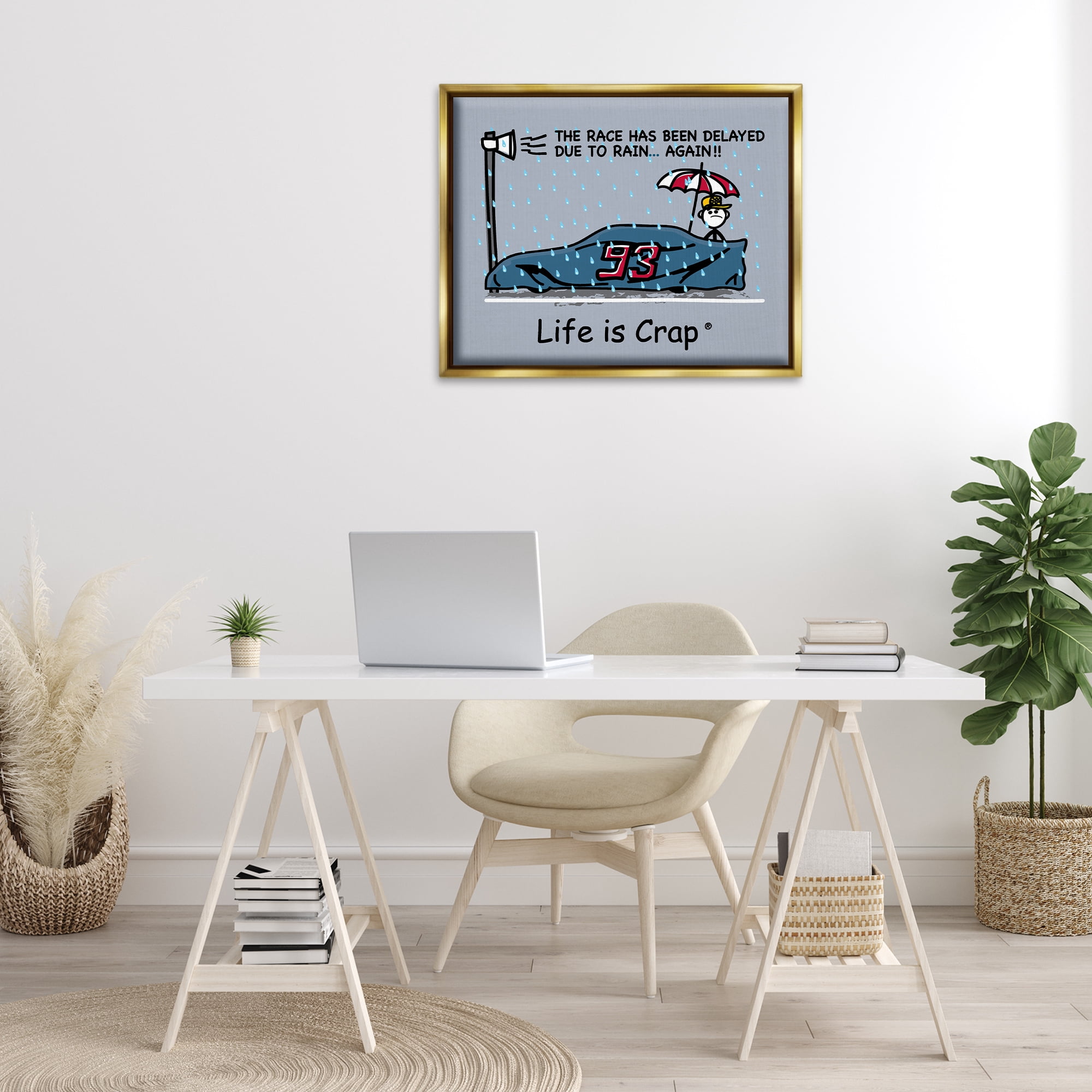 Stupell Industries Rain Delayed Race Novelty & Humor Painting Gold Floater Framed Canvas Art Print Wall Art, 31 x 25