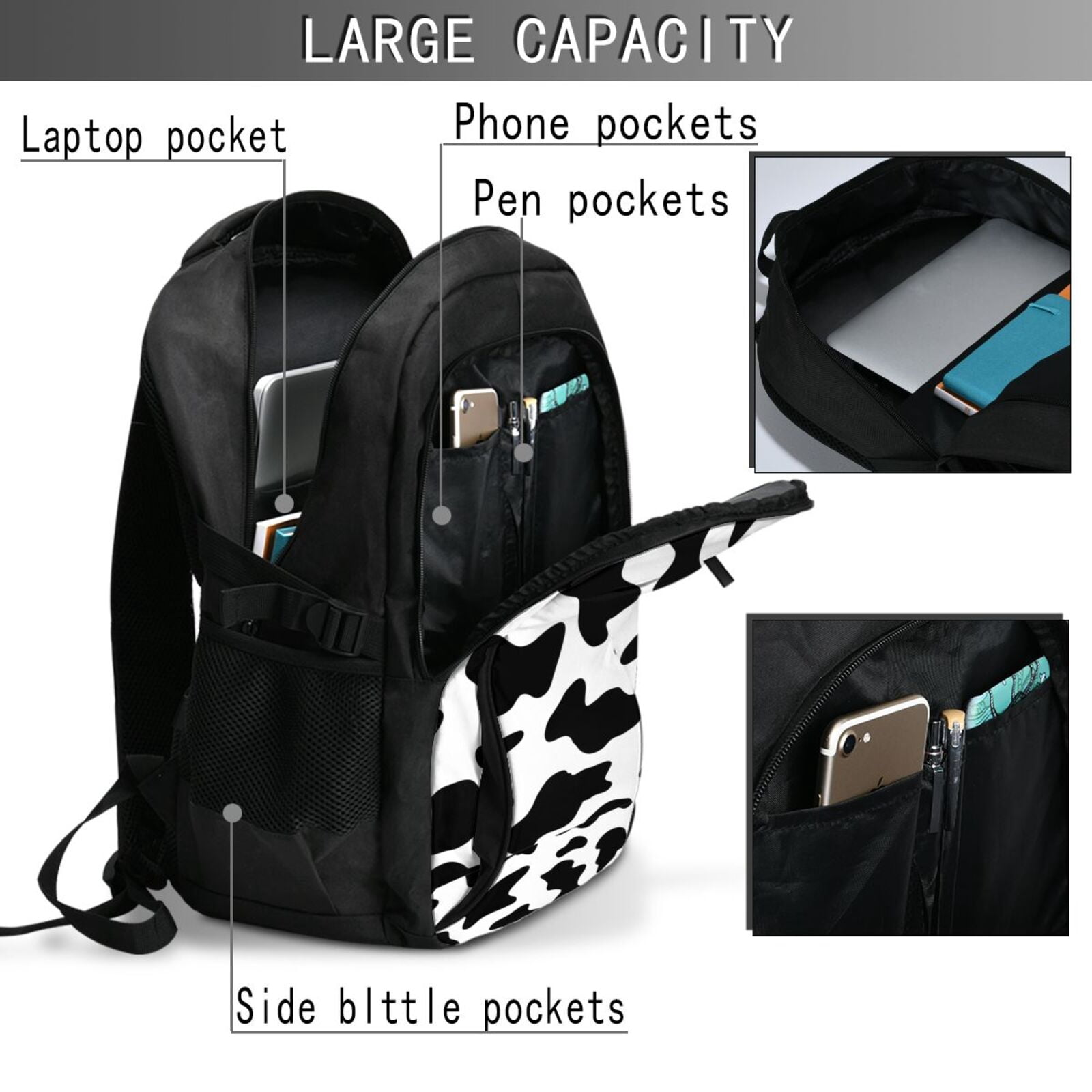 Horeoi Milk Cow Print USB Backpack for Travel School Work with Laptop Compartment Charging Port and Anti-Theft Pocket