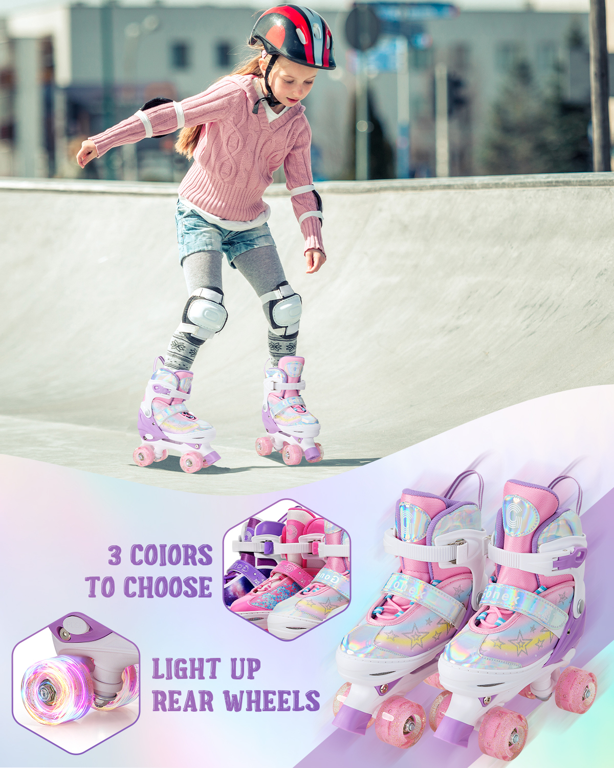 Gonex Roller Skates for Girls Boys 4 Size Adjustable Quad Skates with Light up Wheels