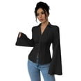 thumbnail image 2 of Only Moment Button Down Shirts for Women Long Sleeve V Neck Flare Sleeves Polyester,Spandex Cinch Waist Long Sleeve Casual Work Dressy Tunics Blouse Corset Tops Black,S, 2 of 5