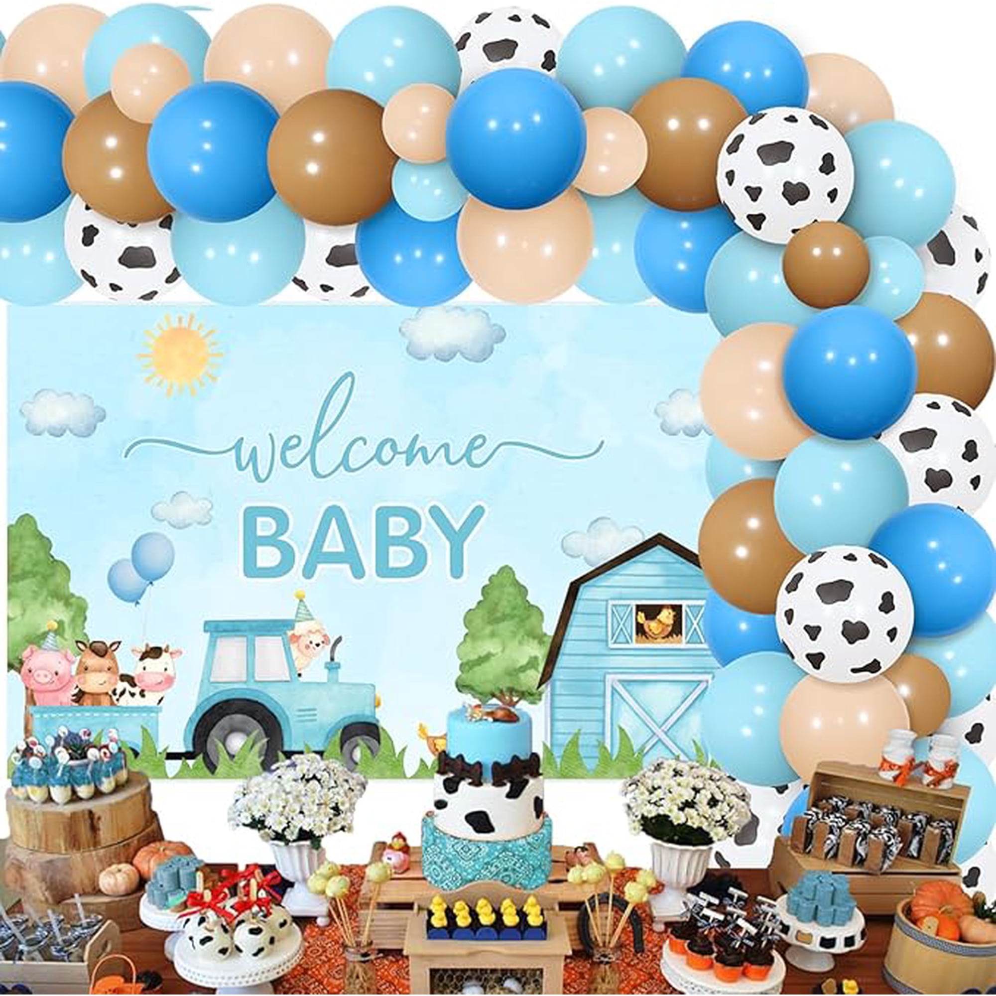 Blue Farm Animal Baby Shower Decorations - Farm Animals Balloon Garland Arch Kit with Welcome Baby Backdrop, Cow Donkey Pig Foil Balloons for Farmhouse Pregnancy Celebration Newborn Party Supplies