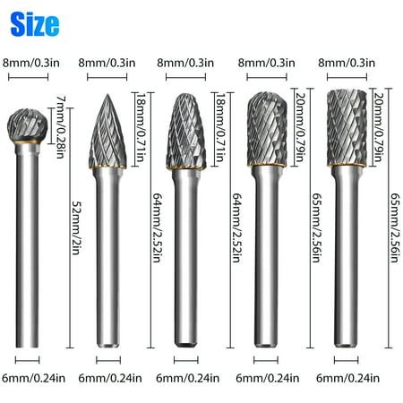 

5Pcs 1/4 Shank Double Cut Tungsten Carbide Rotary Burr Die Grinder Bit Set US