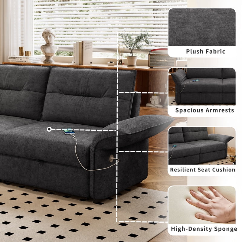 85" Convertible Sofa Bed, 2-in-1 Sleeper Sofa with Plush Fabric, Full-Size Pull-Out Couch with USB Charging Ports, Solid Wood Frame, High-Resilience Foam for Living Room & Small Space