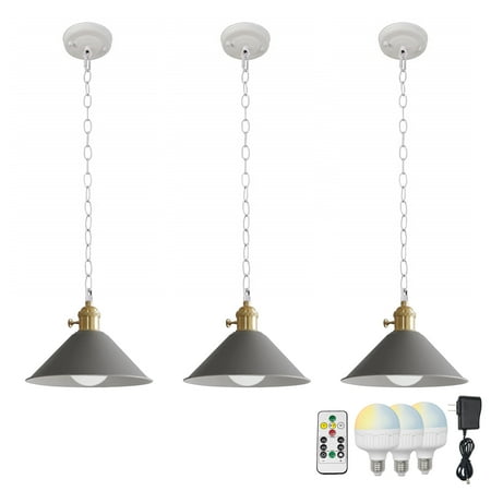 

FSLiving No Wiring Needed Ceiling Light with Rechargeable Battery Operated RGB LED Bulb Dimmable Timing Pendant Light with Macaron Grey Metal Shade & 3.2ft Iron Chain for Balcony Kitchen - 3 Lights