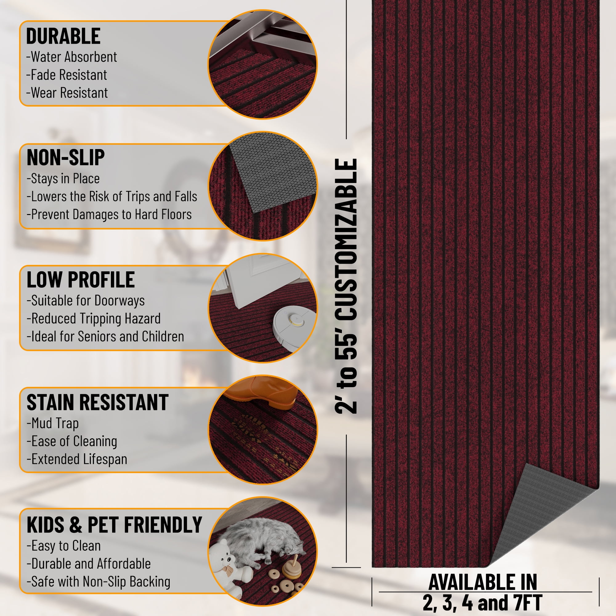 Ottomanson Non-Slip Hallway Runner Rug 2' x 16' Indoor/Outdoor Custom Size Utility Carpet for Garage, Red Ribbed
