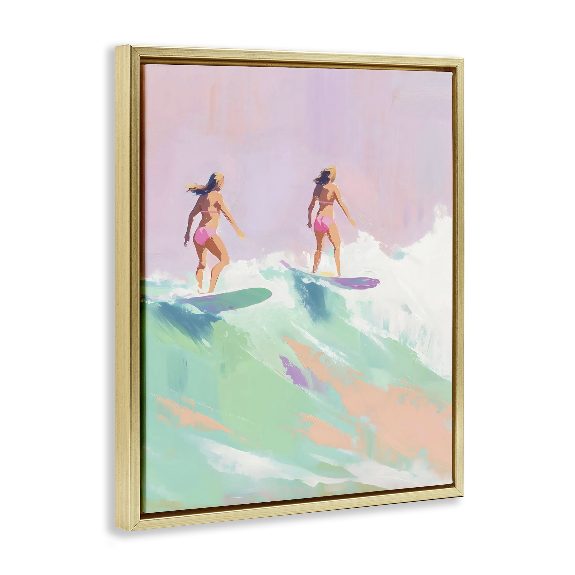 Stupell Industries Two Surfing Girls on Wave Gold Framed Floater Canvas Wall Art, design by The Prints Vibe