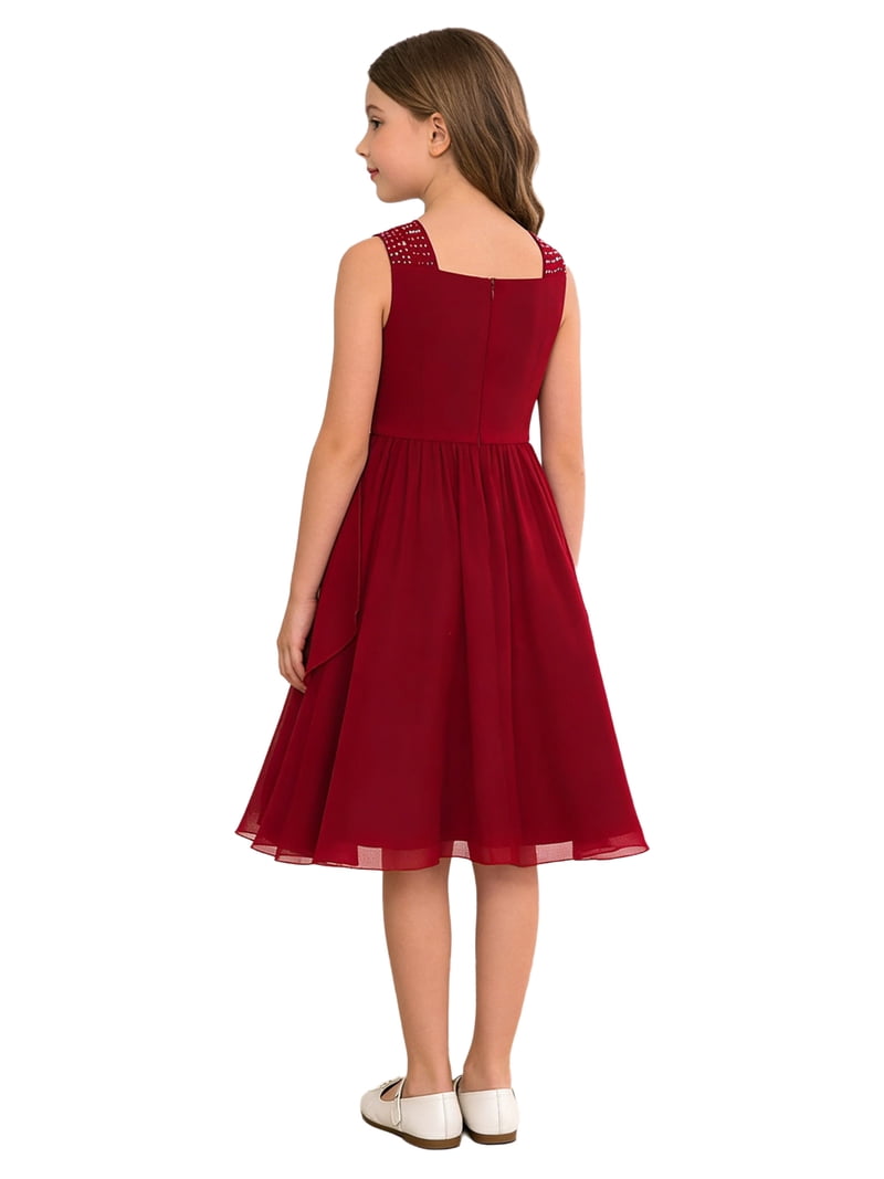 LiiYii Girls Shiny Ruched Junior Bridesmaid Dress Sleeveless V Neck Princess Wedding Birthday Party Dresses Burgundy 16