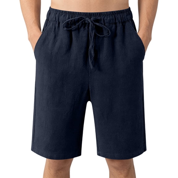 Domuza Men's Linen Casual Classic Fit Waist Shorts Drawstring Beach Shorts with Pockets Solid Beach Short Navy 5XL