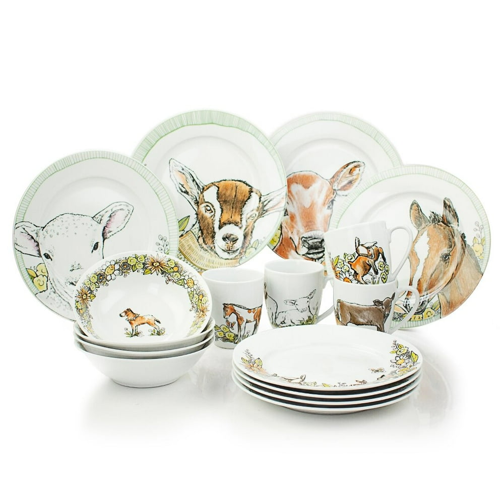 Everything Kitchens 16Piece Dinnerware Set with Mugs Barnyard Baby