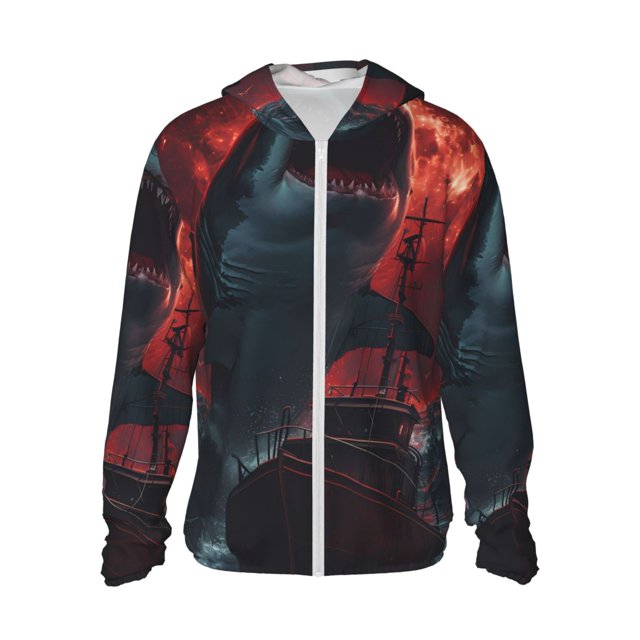 Balery Red Moon Shark Sailboat Sudadera ligera de manga larga con capucha y protección solar UPF 50+ para hombre y mujer, ideal para pesca y running-Small