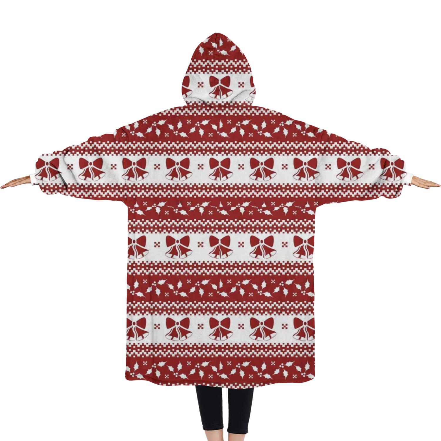 Oversized Wearable Blanket Hoodie,Red Christmas Knitted Pattern Sherpa Blanket Hoodie with Super Pockets,Super Warm Fuzzy Pullover for Women & Men