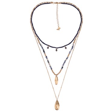 The Pioneer Woman Adult Female Gold-Tone Metal 3 Row Beaded and Hammered Teardrop Pendant Layered Necklace