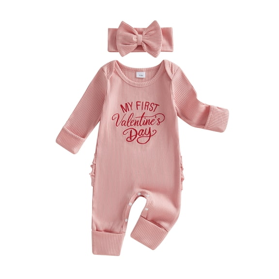 BemeyourBBs Newborn Baby Girl My First Valentines Day Outfit Letter Embroidered Ruffle Romper Long Sleeve Jumssuit Headband 2 Piece Spring Clothes Set Coming Home Outfits