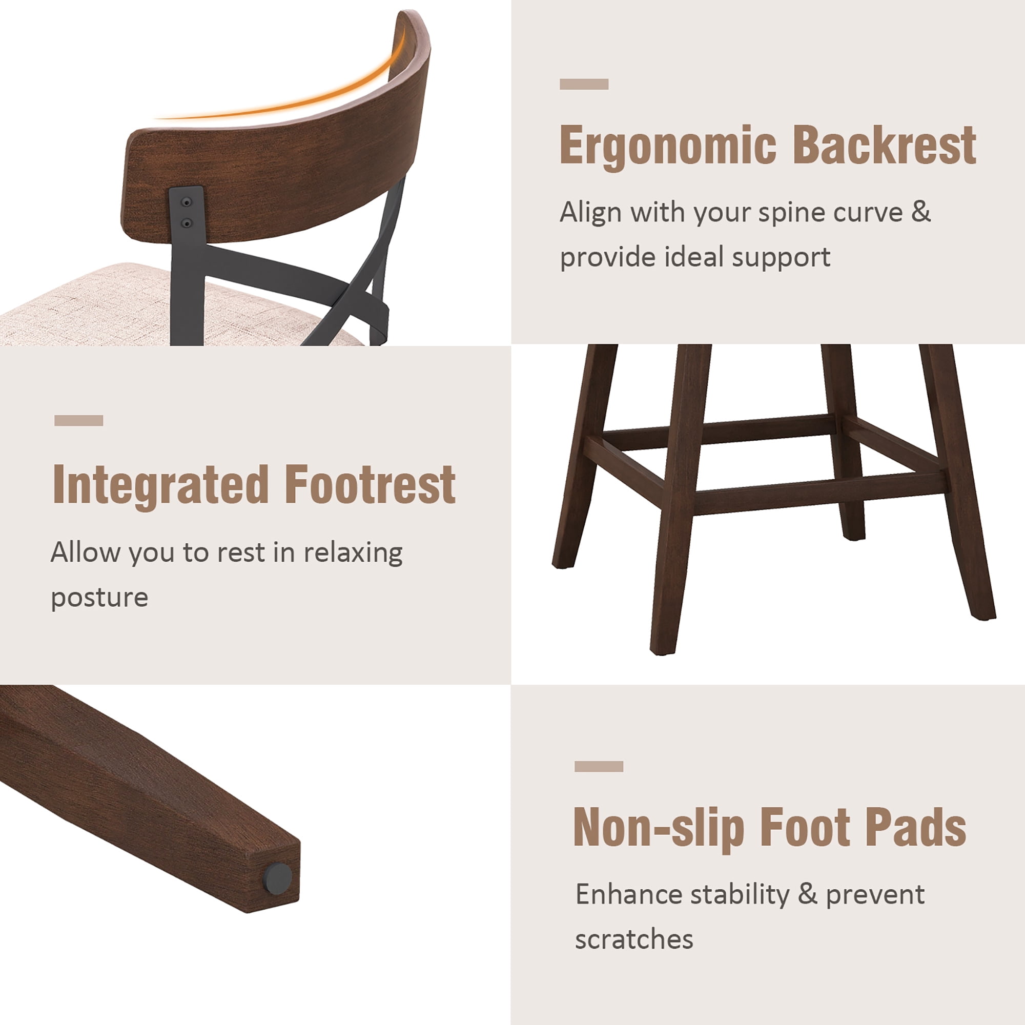 Costway Wooden Swivel Upholstered Counter Height Backrest Bar Stools Brown (Set of 2)