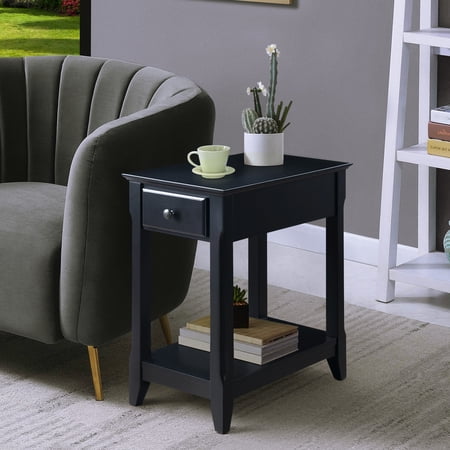 Elegant Black Accent Table With Bottom Shelf - Wood For Compact Spaces Drawer Rectangular Design Small Areas