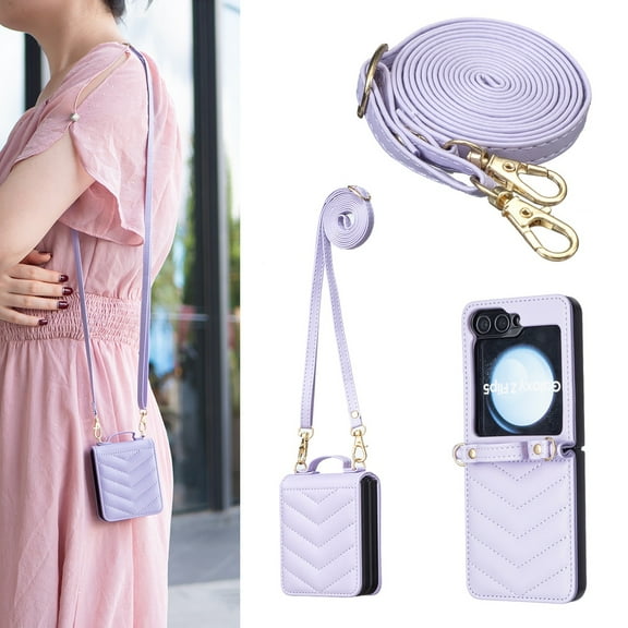 for Samsung Galaxy Z Flip 5 Case for Women Girls, Fashion PU Leather Slim Protective Cover with Wristband & Detachable Adjustable Crossbody Strap, Shockproof Durable Non-Slip Phone Cover - Purple