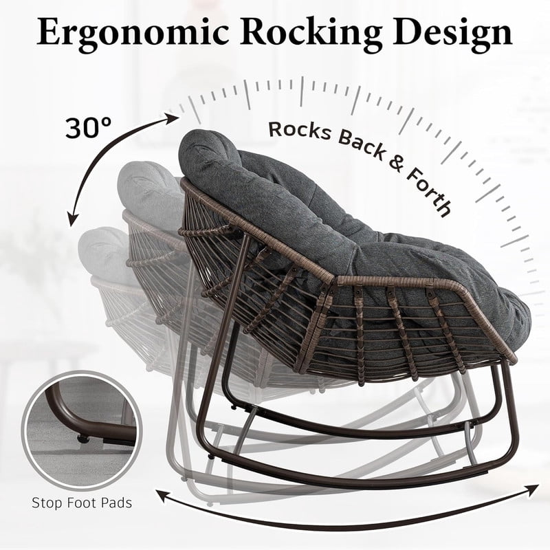 Outdoor Rattan Rocking Chair, Rocking Papasan Chair with Thick Cushion, Comfy Wicker Egg Chairs Lounge Recliner Chair, Padded Cushion Rocker