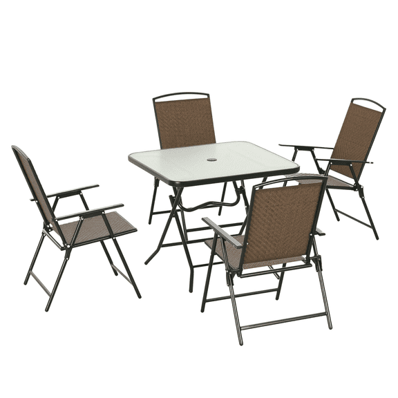 5 Piece Patio Dining Set, Foldable Wicker Outdoor Table & Chairs with Umbrella Hole, Dark Brown