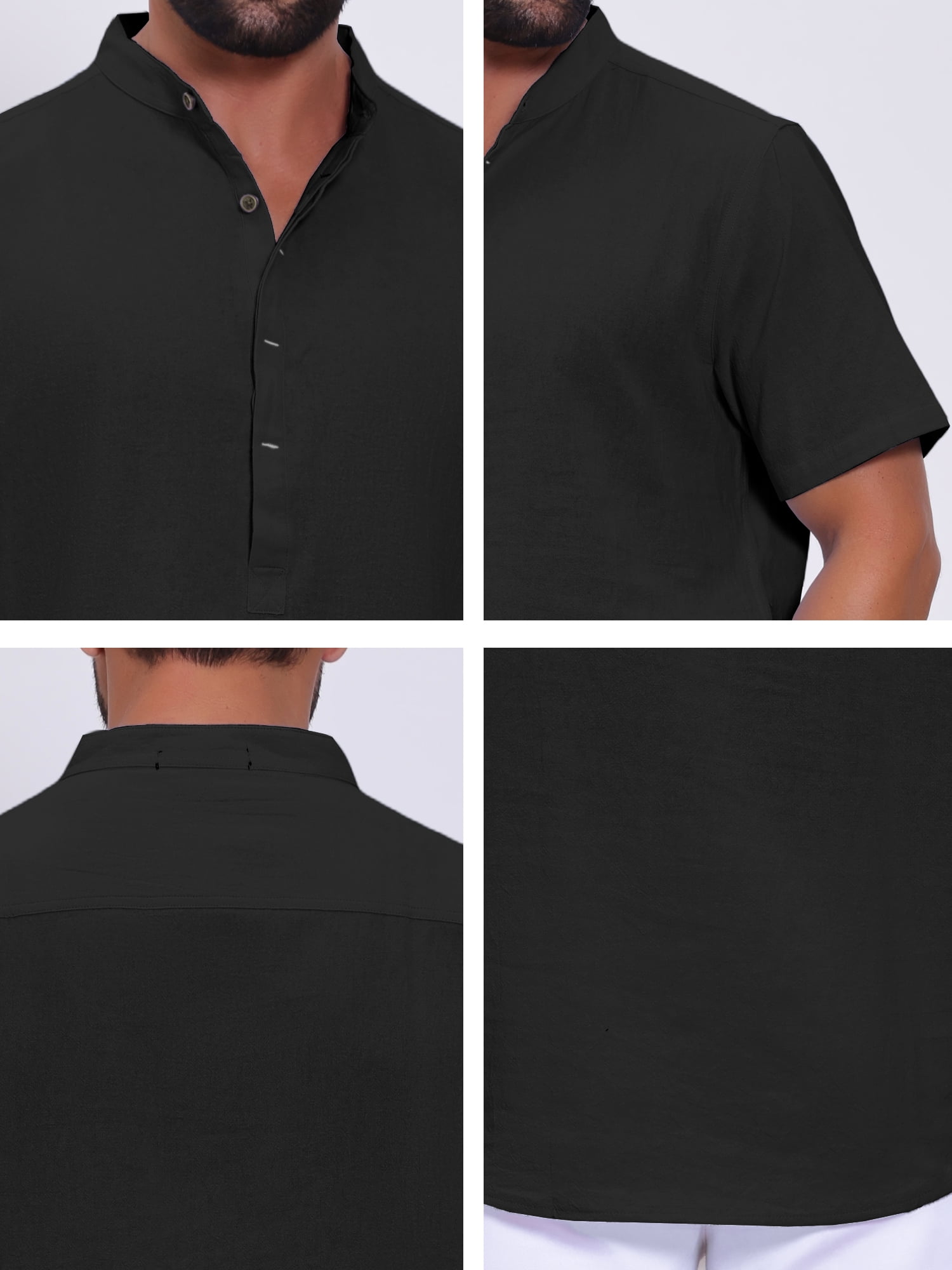DARING DIVA Men's Casual Henley Band Collar Short Sleeve Summer Linen Shirts M Black