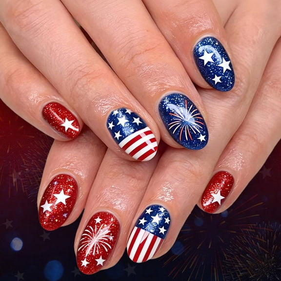 Fourth of July Press on Nails Short Almond Oval Fake Nails with Glitter US Flag Star Designs 24Pcs