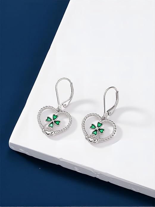 CACA LADY St Patricks Day Shamrock Dangle Earrings 925 Sterling Silver Claddagh Four Leaf Clover Earrings Irish Jewelry Gifts for Women