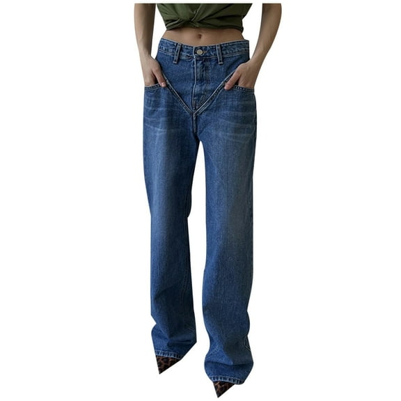 Bigersell Straight Leg Jeans for Women Casual Loose Full Length Denim Pants Mid Waist Patchwork Straight Jeans with Pockets Button Closure Ripped Jeans BlueL
