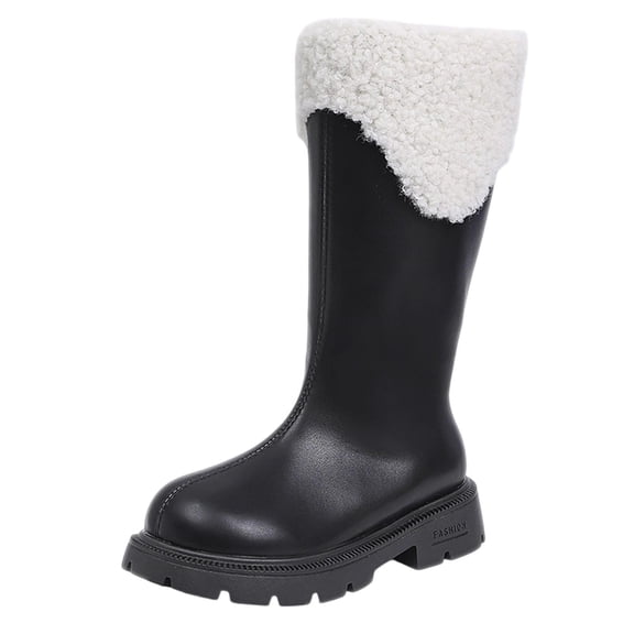 Gpaecead Girls Sherpa Trim Mid Calf Boots Water Resistant Faux Leather Winter Booties With Non Slip Sole For School And Snow Black
