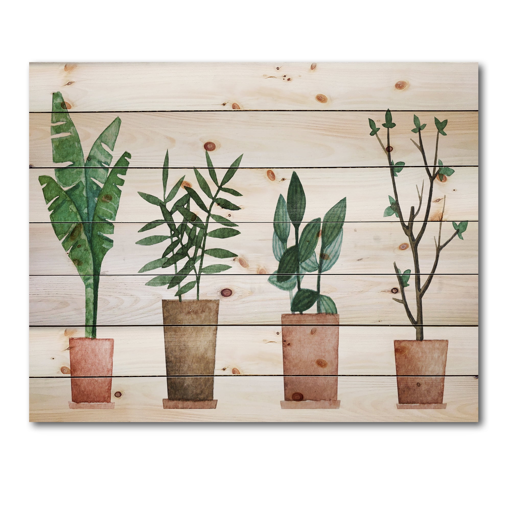 Designart 'Duo of Potted Flowers House Plants In Claypots' Farmhouse Print on Natural Pine Wood
