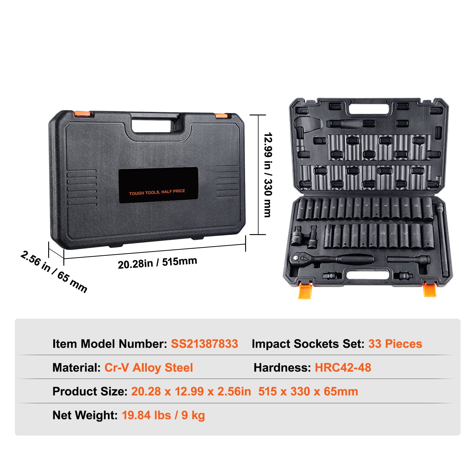 KFFKFF Impact Socket Set 33 pcs, 1/2" Drive, SAE 3/8"-1" & Metric 10-24mm, 6-Point, Cr-V Steel, for Vehicle Maintenance, Clear Markings, Durable, Comes with Case