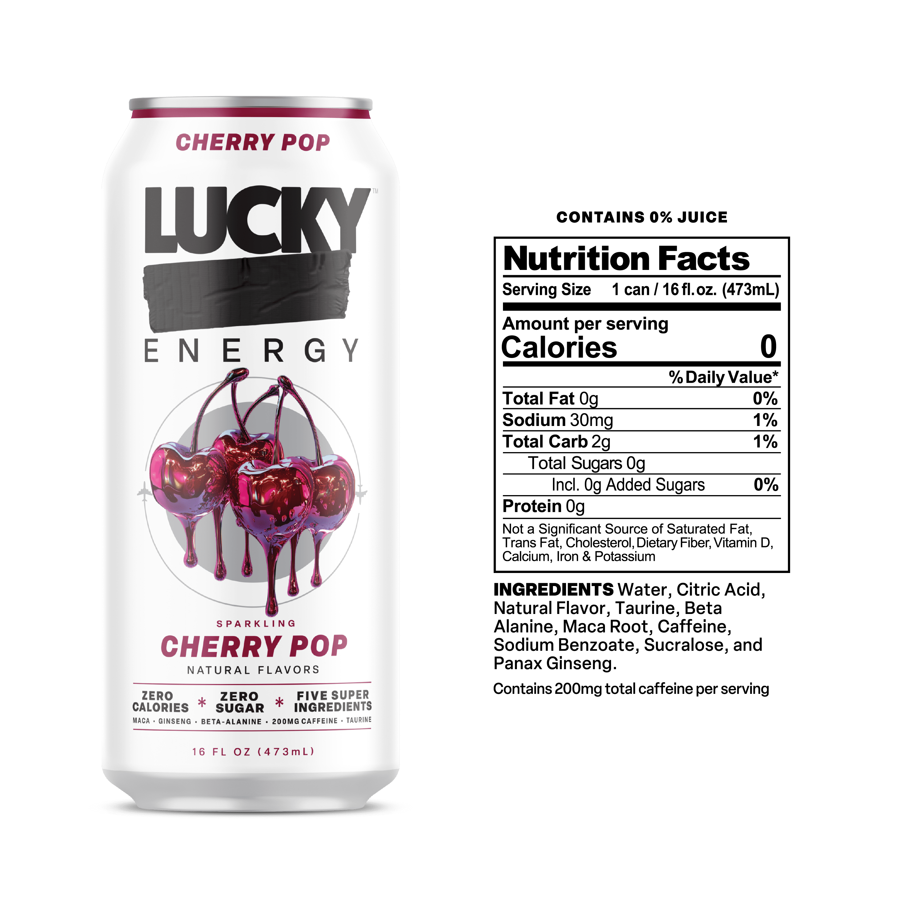 Lucky Energy Sugar Free Energy Drinks 16 fl oz Can, Cherry Pop with Maca, Ginseng, Taurine, Beta-Alanine, 200mg Caffeine, Zero Calories