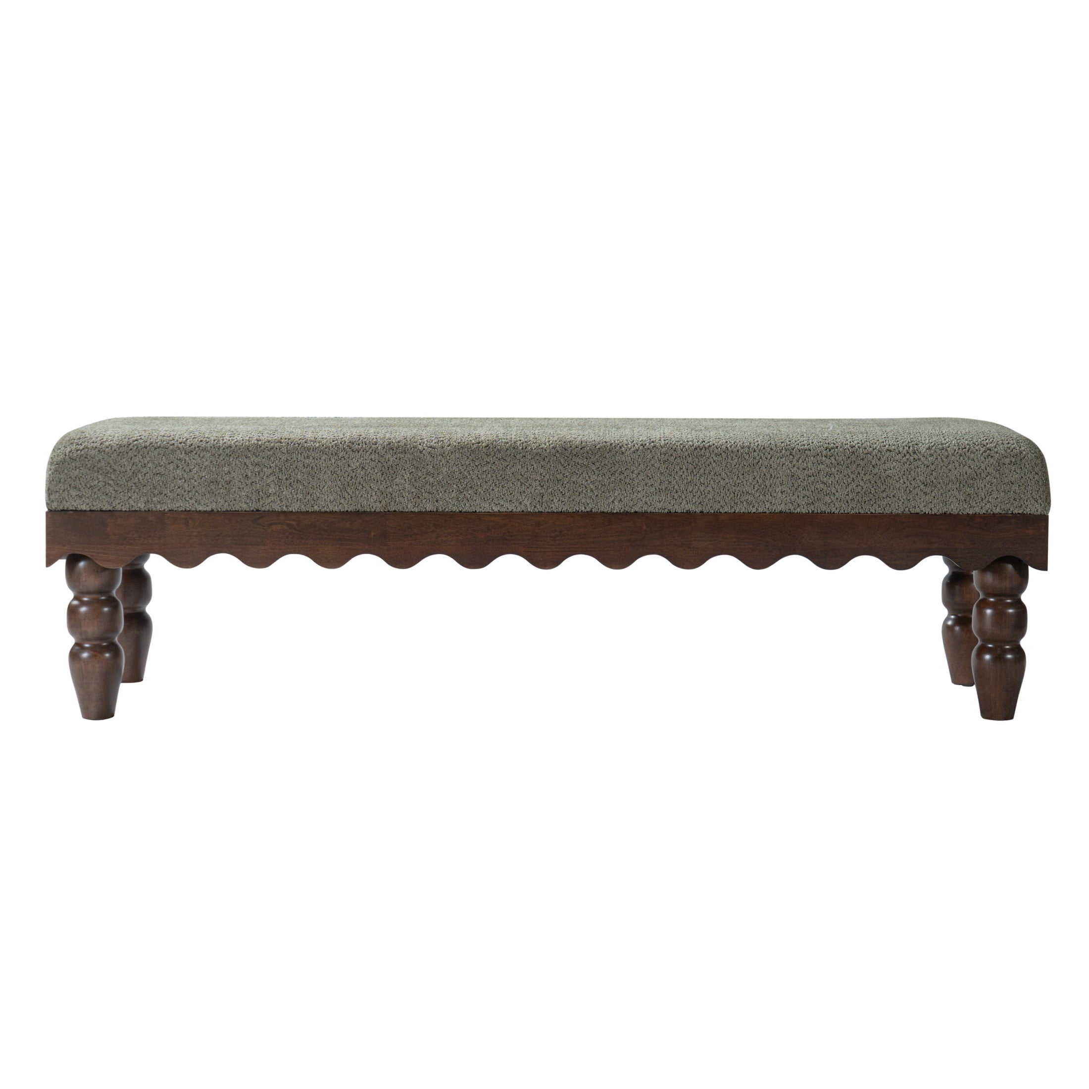 Christopher Knight Home Vintage Boucle Fabric Bench, Wave Trim Ottoman with Solid Wood Legs, Olive Green
