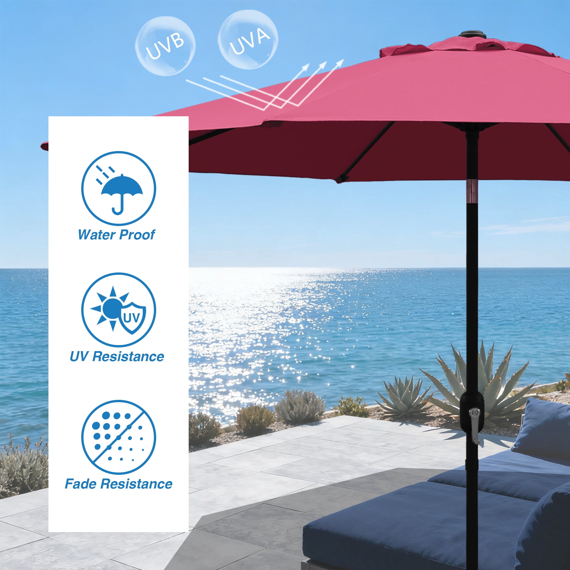 Abble Outdoor 9ft Patio Umbrella with Crank Handle and Push Button Tilt, Outdoor Market Umbrella with 8 Ribs for Garden, Deck, Backyard, Pool, Burgundy