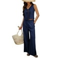 thumbnail image 3 of Conjunto de 2 Piezas para Mujer, Chaleco con Cuello en V y Cintura Anudada, Pantalones Casuales de Pierna , Azul Marino, Talla M, 3 of 9