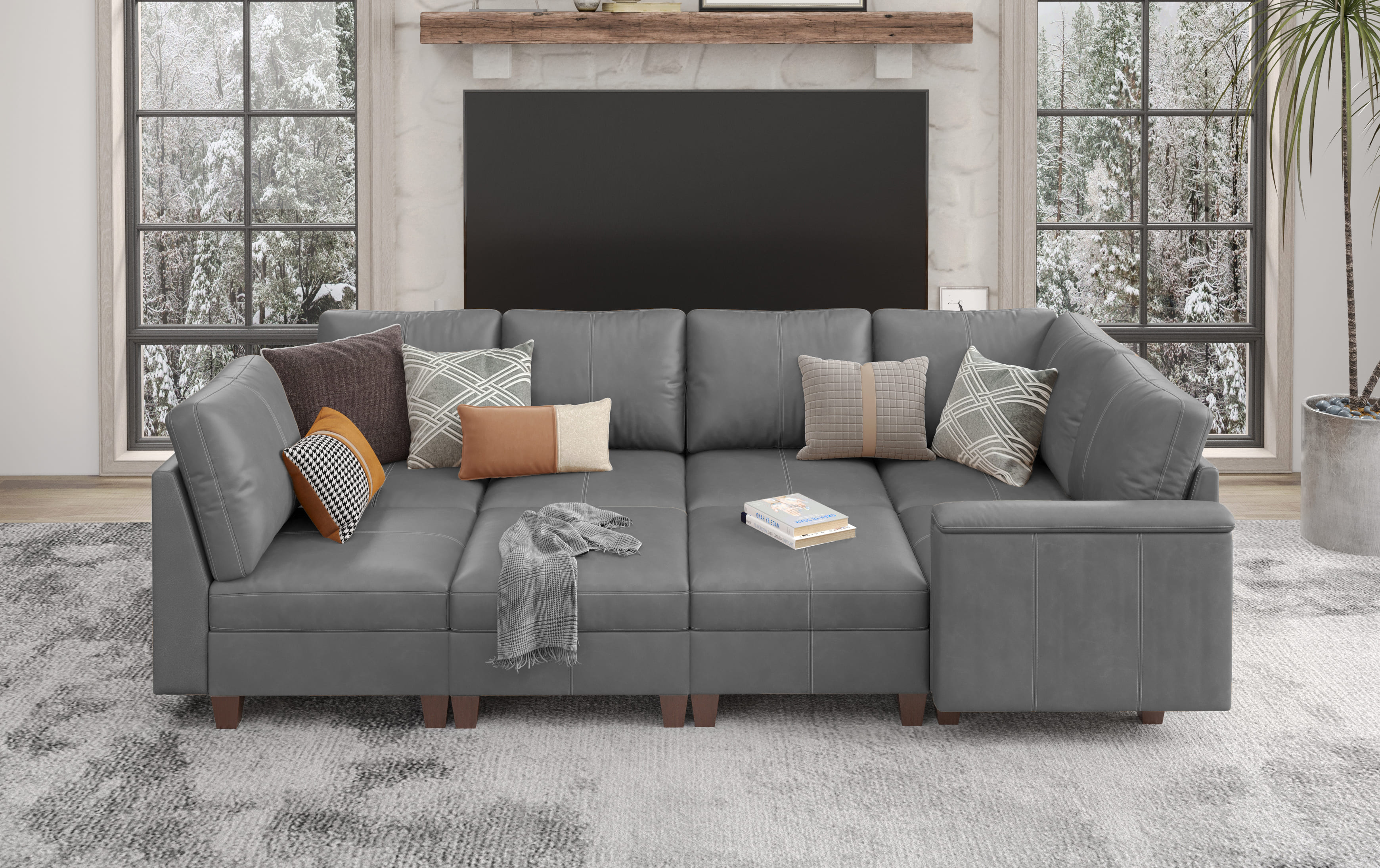 SITJOY 118" Faux Leather Modular Sectional Couches with Storage, Convertible 8 Seat U-Shaped Sectional Sofa with Ottoman for Living Room, Gray