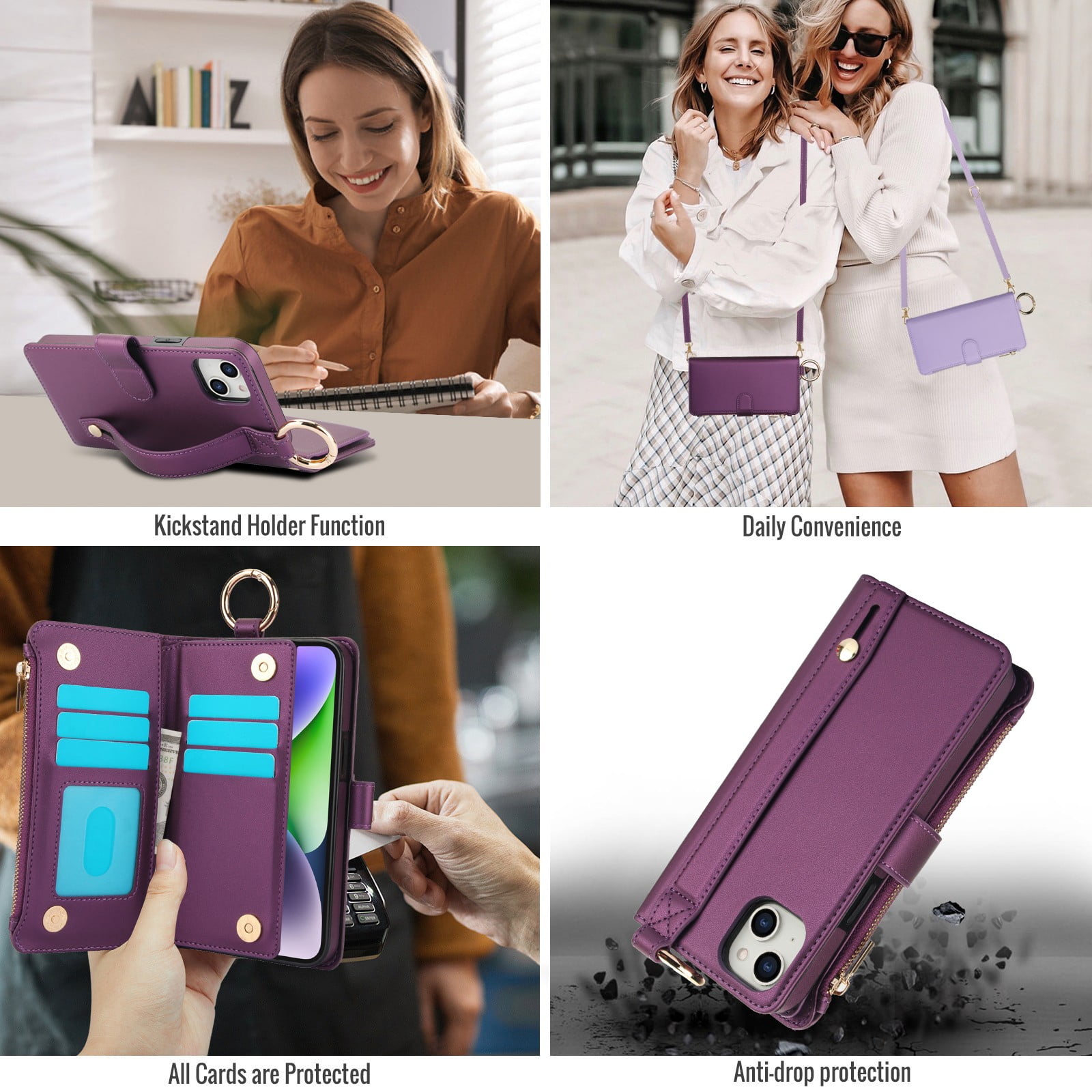 ELEHOLD For iPhone 13 Phone Case Leather Crossbody Zipper Card Wallet Flip Case Kickstand Cover, with Ring Holder,Full Body Protection-Deeppurple