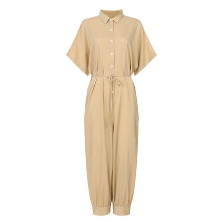 

Quealent Workout Jumpsuits For Women Women Leopard Print Lapel Slim Long Button Rompers Short Sleeve Jumpsuits Khaki XXL
