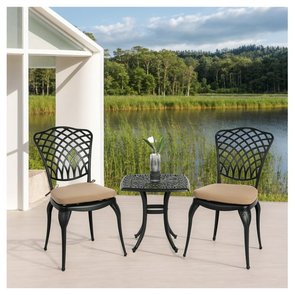 Bistro Set 3 Piece Rustproof Cast Aluminum Patio Furniture Sets 2 Chairs and 1 Round Table Outdoor, Garden, Patio, Balcony, with cushion black Black   Aluminium