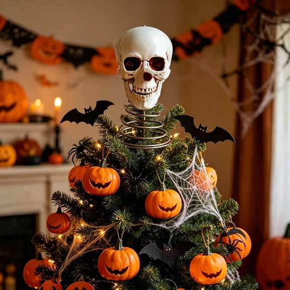 AuroraX Halloween Skull Tree Topper Halloween Skeleton Decorations Outdoor Glitter Pink Vintage Star Ghost House Halloween Party Decorations White