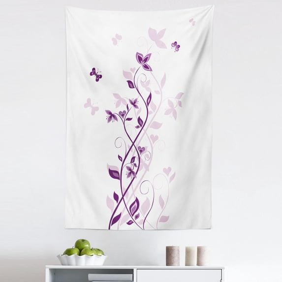 Spring Tapestry, Violet Tree Swirling Persian Lilac Blooms with Butterfly Ornamental Plant Graphic, Fabric Wall Hanging Decor for Bedroom Living Room Dorm, 5 Sizes, Plum White, by Ambesonne