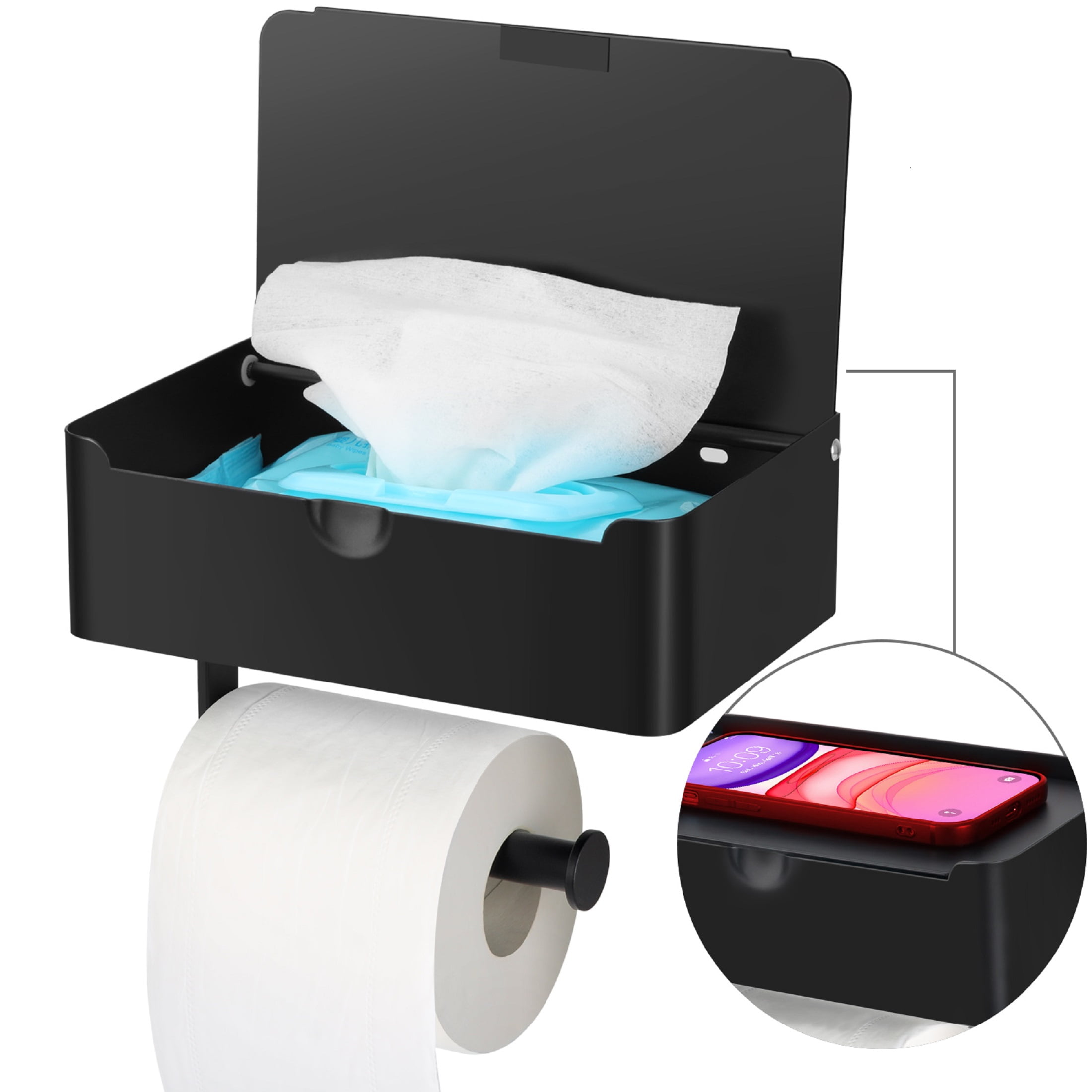 MASTLU Wall Toilet Paper Holder with Storage Rack, High Quality SUS304 Stainless Steel (Black)