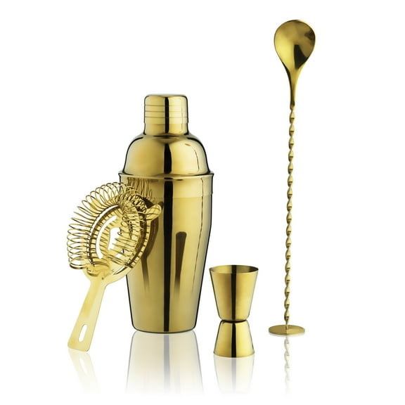True 4 Piece Gold Stainless Steel Barware Set - Cocktail Shaker & Accessories
