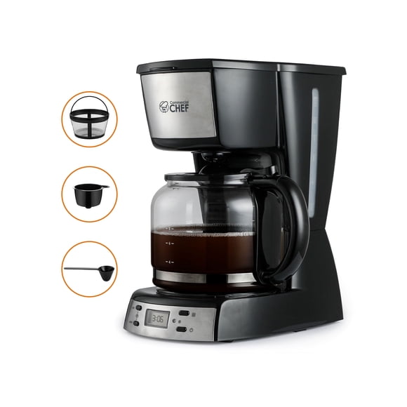 Commercial Chef Digital 12-Cup Coffee Maker with Glass Pot, Permanent Nylon Filter, Anti-Drip, Programmable with LCD Display, 900W, CHCM12B, Black