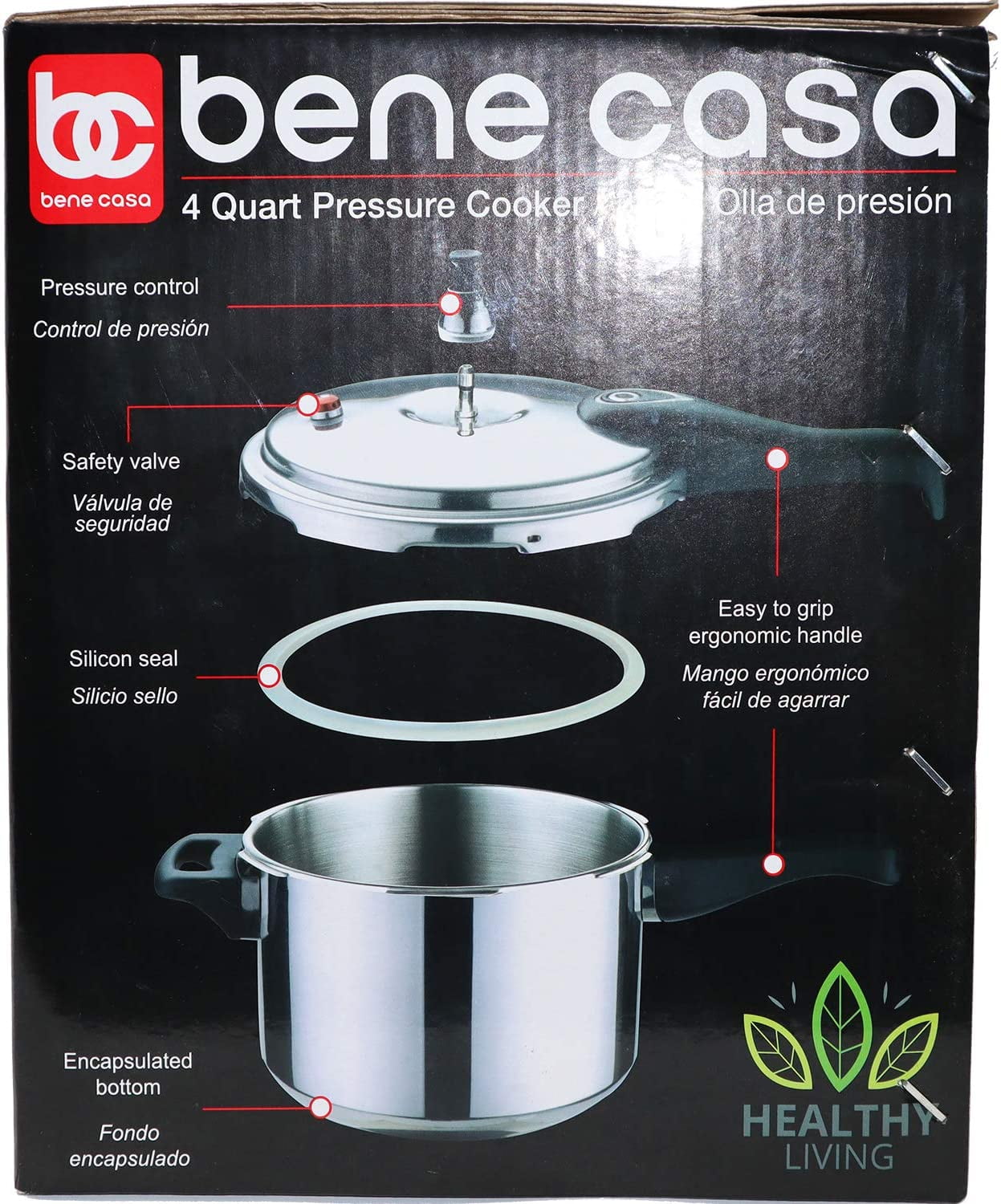 Bene Casa - Aluminum Pressure Cooker (4 Quart) - Includes Pressure Alarm  and a Sure-locking Lid System - Dishwasher Safe