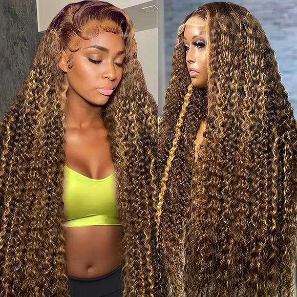 30 Inch Highlight Ombre Lace Front Wig Human Hair 4/27 Colored Honey Blonde Wig Human Hair 13x6 HD Lace Front Wigs Human Hair Deep Wave Curly Lace Frontal Human Hair Wig