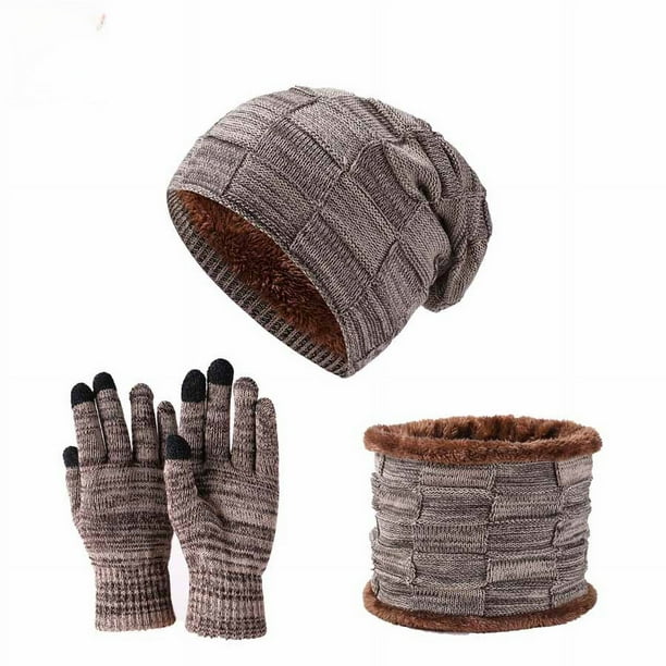 Conjunto de tres piezas de gorro de punto para hombre y mujer, otoño e invierno, con bufanda y guantes de algodón de terciopelo